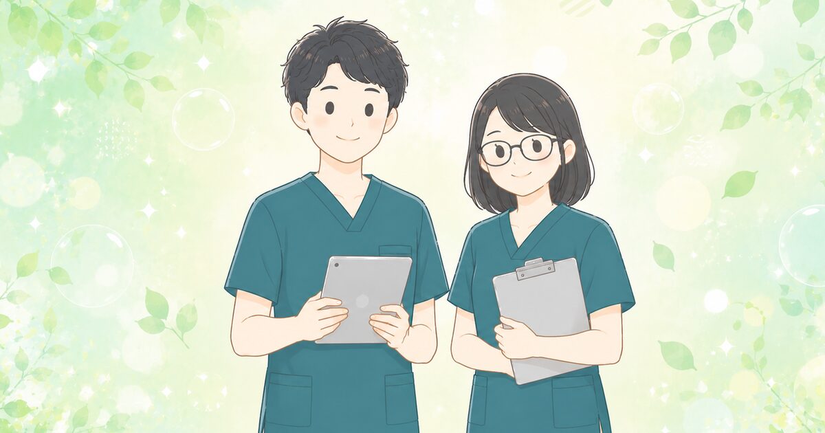 視能訓練士夫婦が並んで微笑むイラスト。眼科ブログ「視能訓練士夫婦の目のメモ」のプロフィール記事用アイキャッチ