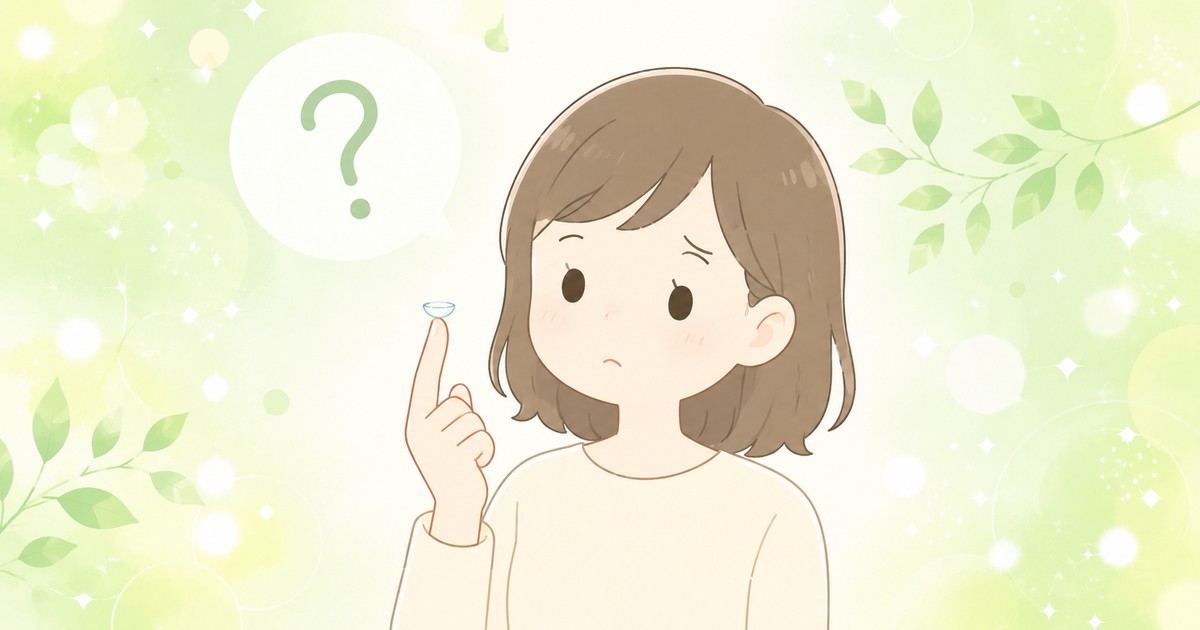 コンタクトレンズを指先にのせ、度数を上げようか迷っている女性のイラスト