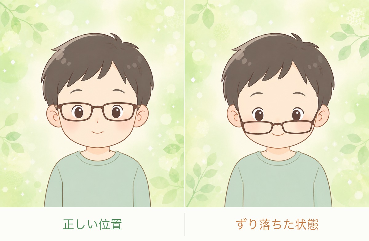 正しい位置でかけたメガネと、ずり落ちたメガネを比べたイラスト
